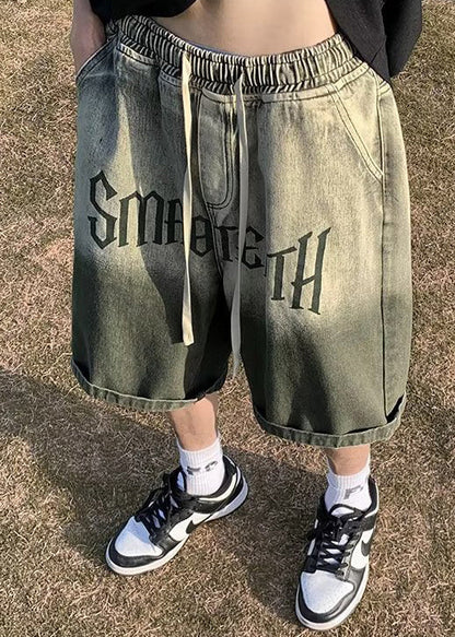 Green Gradient Color Letter Pockets Shorts Elastic Waist