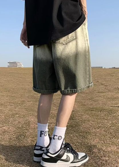 Green Gradient Color Letter Pockets Shorts Elastic Waist