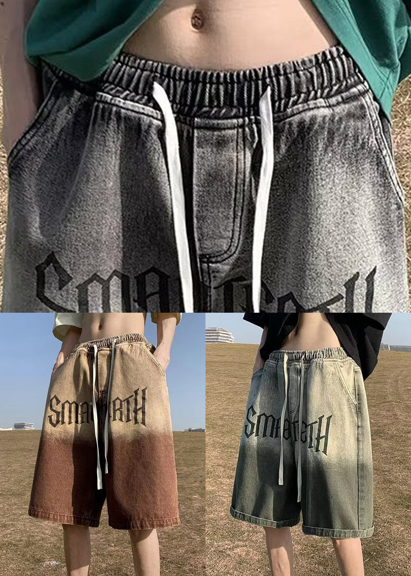 Green Gradient Color Letter Pockets Shorts Elastic Waist