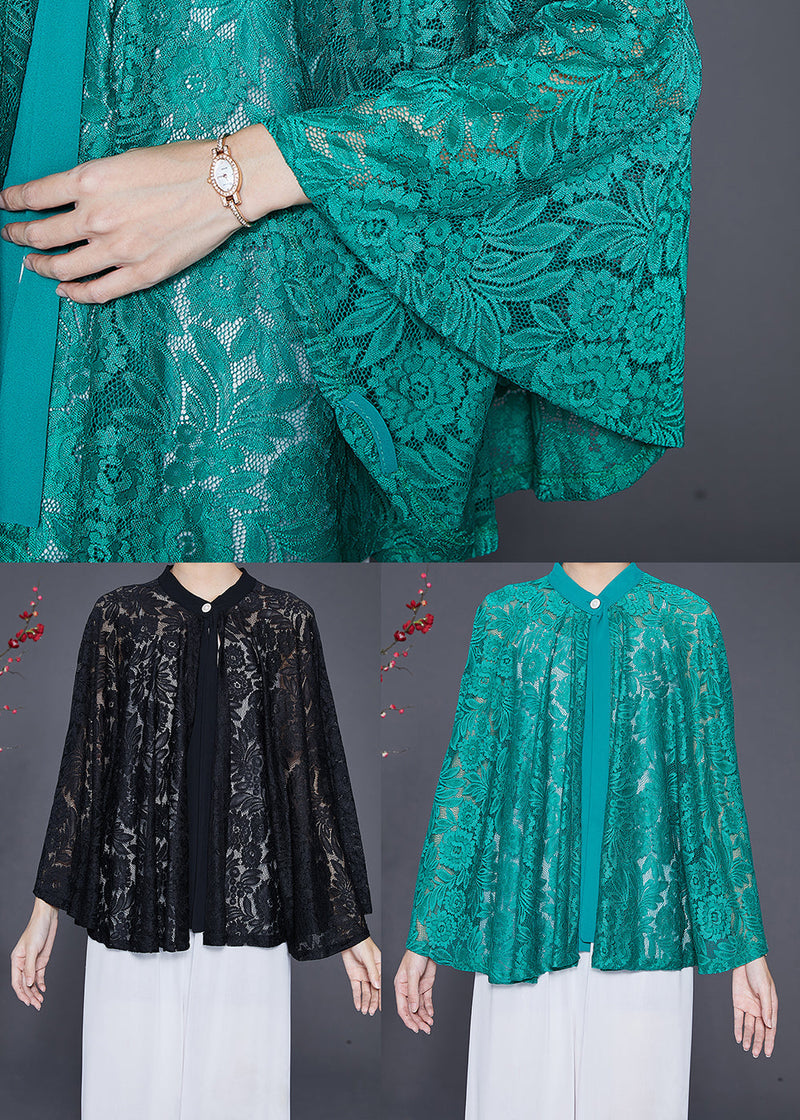 Green Hollow Out Lace Upf 50+ Smock Batwing Sleeve
