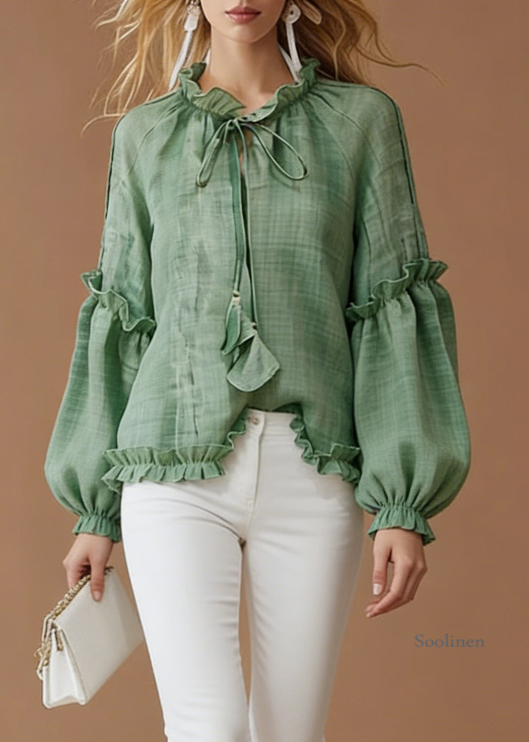 Green Lace Up Solid Cotton Blouse Top Ruffled Spring