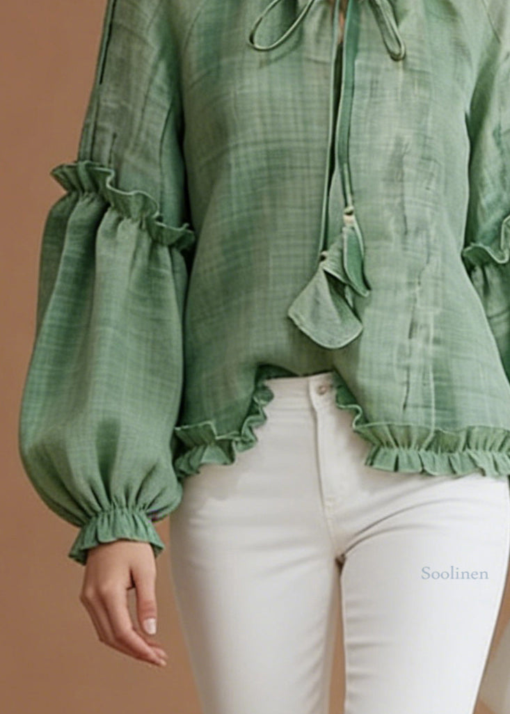 Green Lace Up Cotton Blouse Top Ruffled Spring