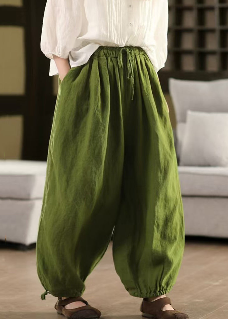 Green Laceup Linen Summer Crop Pants Elastic Waist