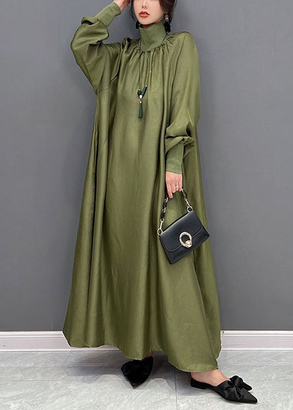 Green Loose Silk a Line Dresses High Neck Draping Spring