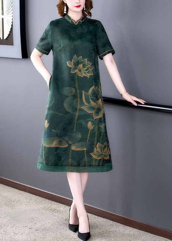 Green Lotus Print Silk a Line Skirts Stand Collar Summer