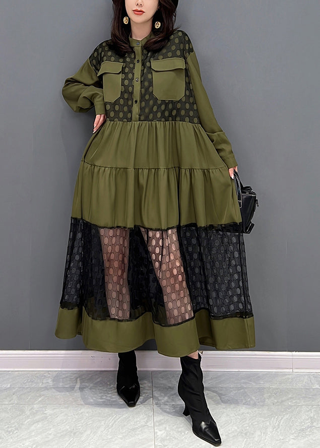 Green O-neck Patchwork Button Tulle Maxi Dresses Fall