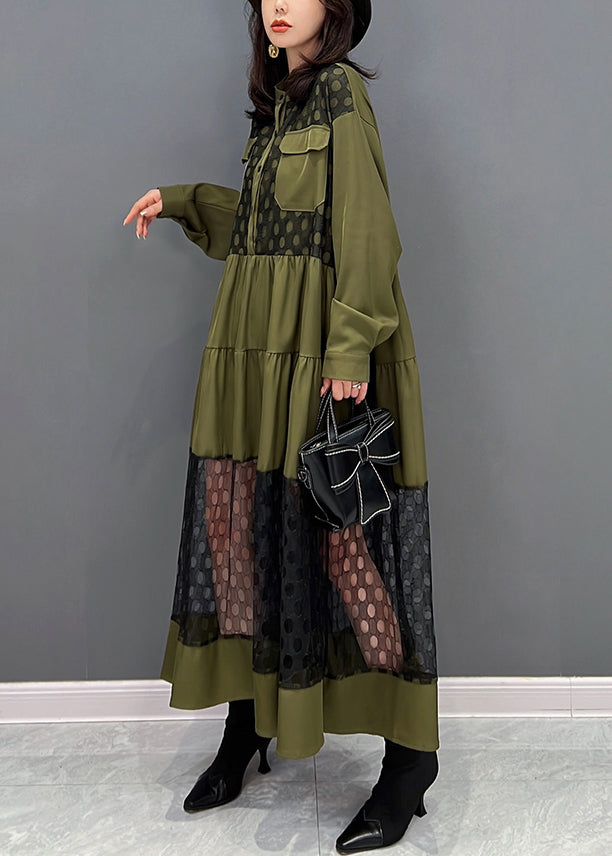 Green O-neck Patchwork Button Tulle Maxi Dresses Fall