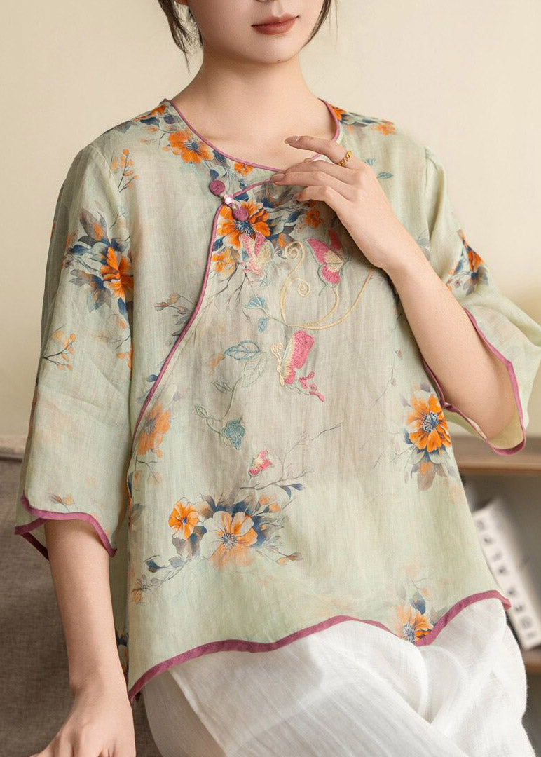 Green O-neck Patchwork Linen Top Half Sleeve