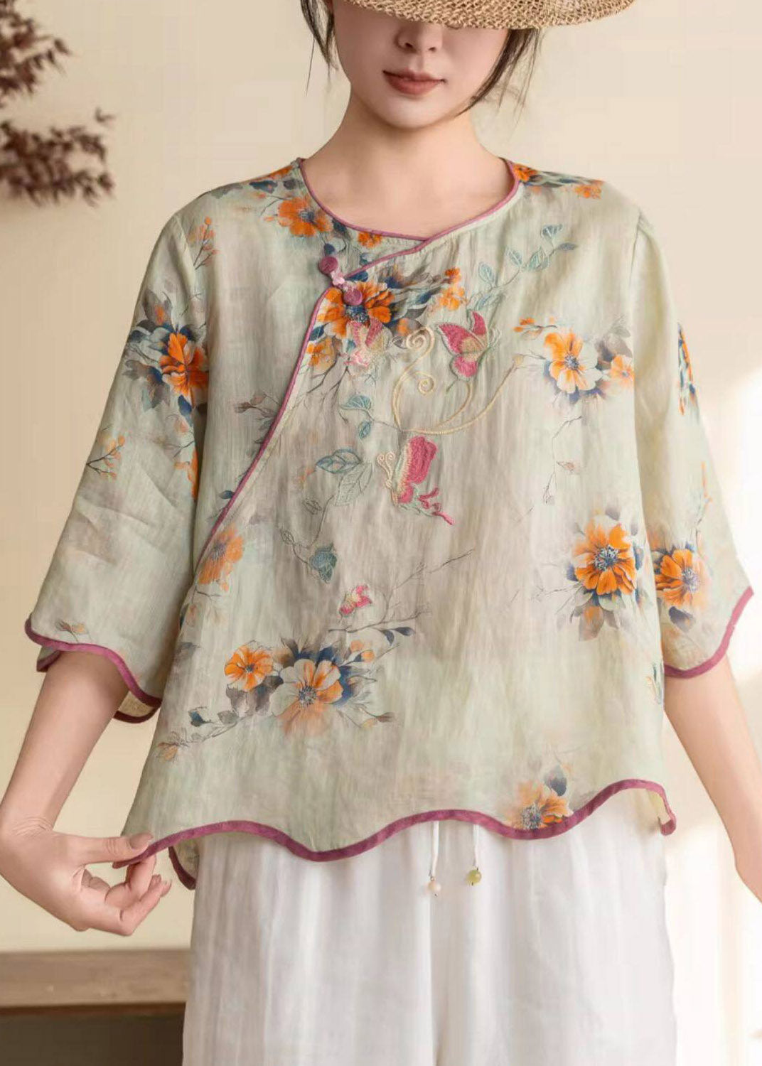 Green O-neck Patchwork Linen Top Half Sleeve