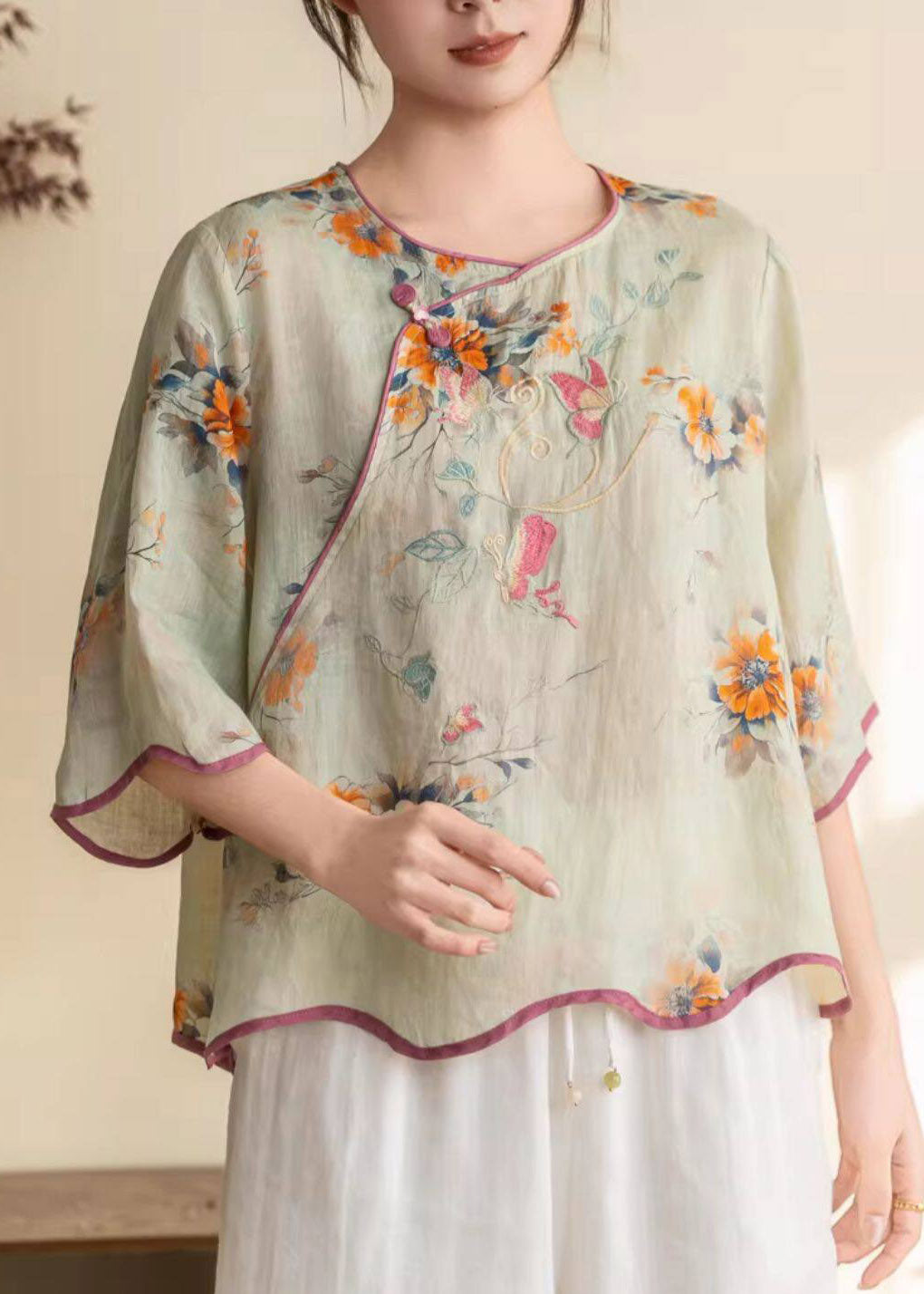 Green O-neck Patchwork Linen Top Half Sleeve