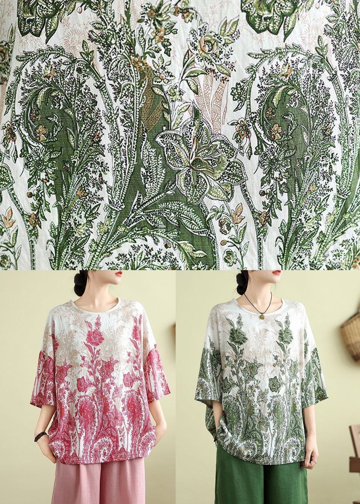 Green O-neck Patchwork Loose Top Summer