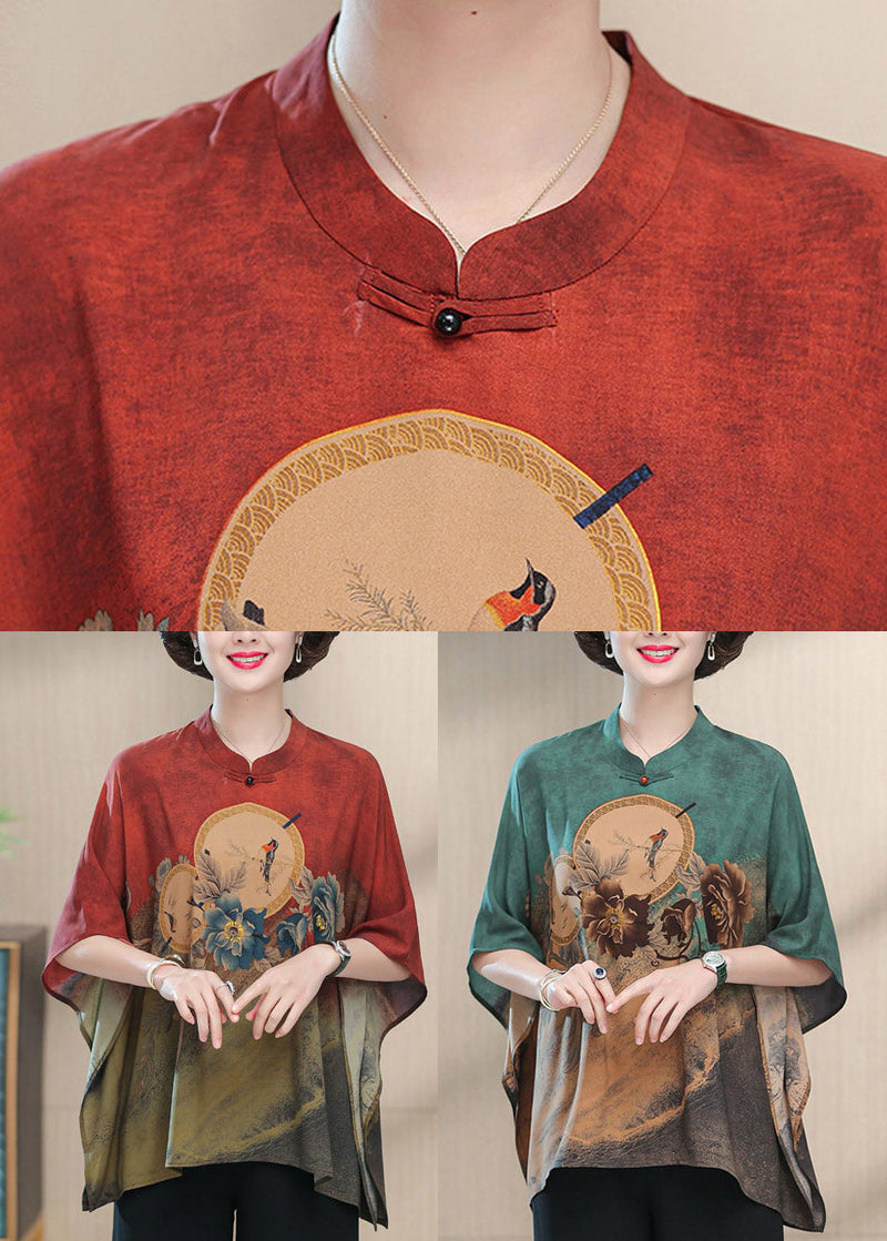 Green O-neck Print Button Silk Top Half Sleeve