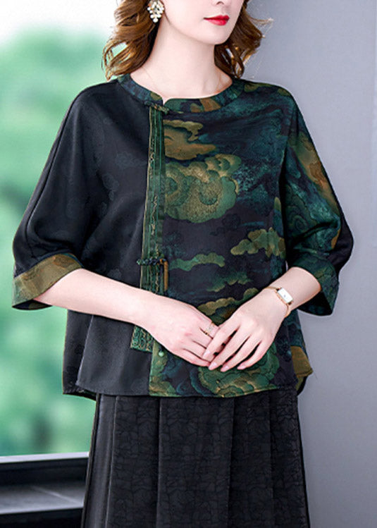 Flower4 O-neck Print Patchwork Top Bracelet Sleeve