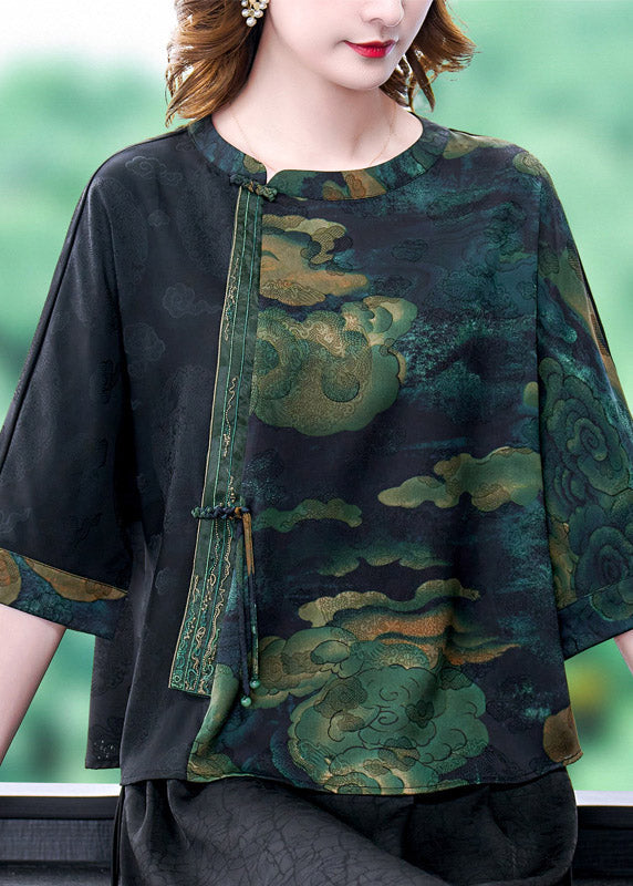 Flower4 O-neck Print Patchwork Top Bracelet Sleeve