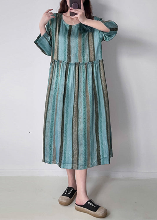 Green O-neck Ruffled Wrinkled Silk Cotto Maxi Dress Spring