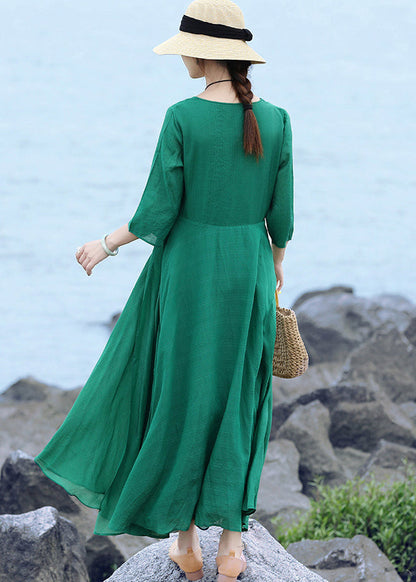 Green Original Layered Long Dress Tie Waist Three Quarter Sleeve