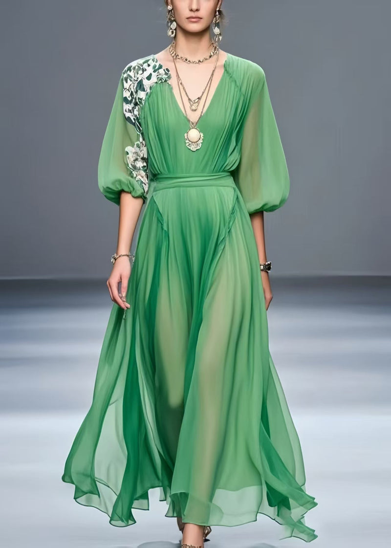 Green Patchwork Chiffon Robe Dresses Asymmetrical Summer