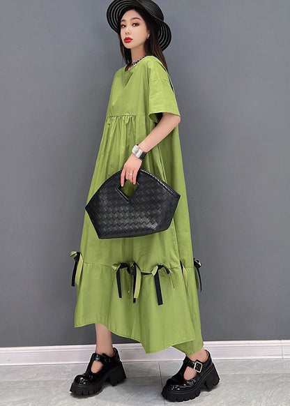 Green Patchwork Cotton Loose Dresses Ruffles Short Sleeve