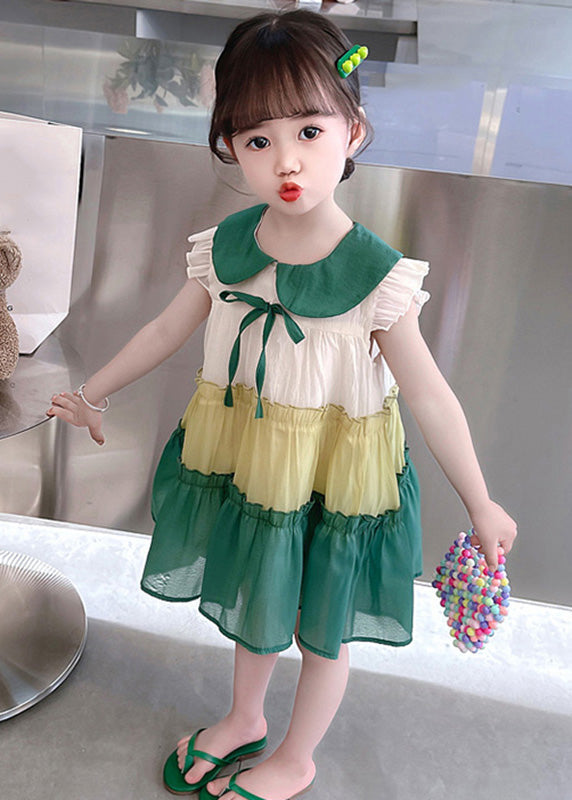 Green Peter Pan Collar Bow Cotton Mid Dresses Summer