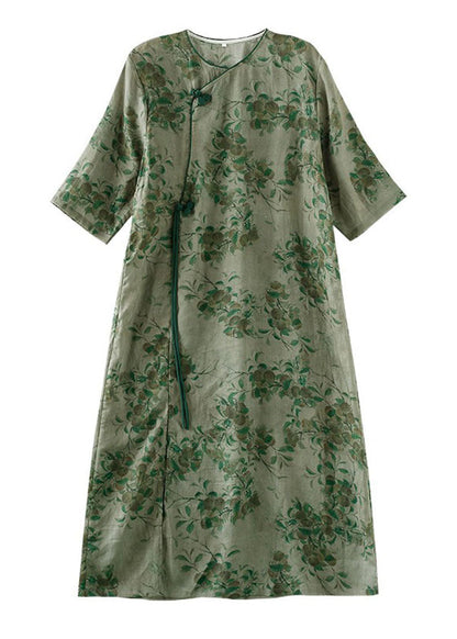 Green Pink Patchwork Linen Long Dress Tasseled Button Summer