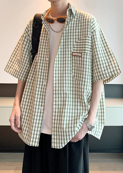 Green Plaid Cotton Shirt Peter Pan Collar Summer