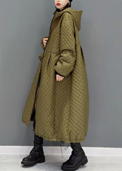 Green Plaid Fine Cotton Filled Coats Drawstring Zip Up Winter