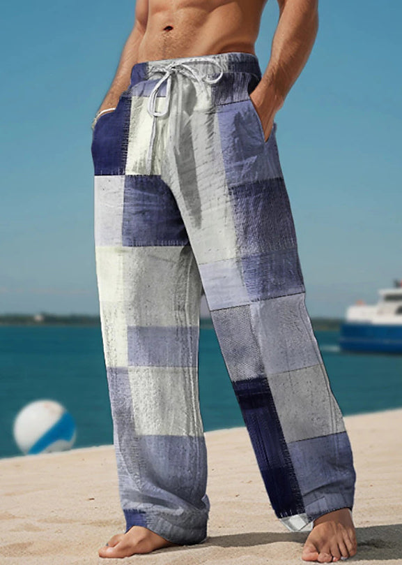 Green Plaid Pockets Cotton Summer Pants Elastic Waist