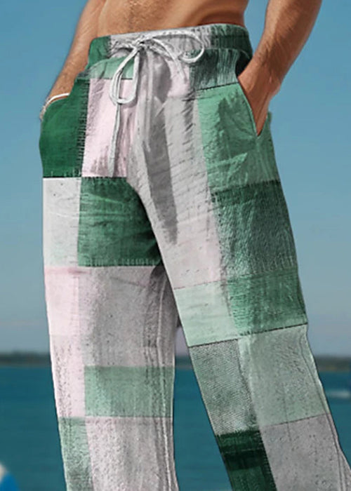 Green Plaid Pockets Cotton Summer Pants Elastic Waist