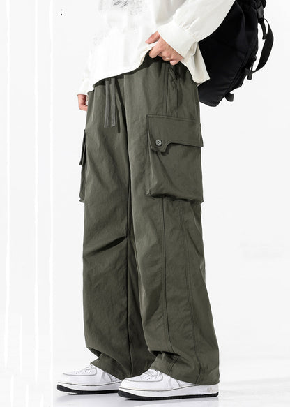 Green Pockets Cotton Pants Elastic Waist Spring
