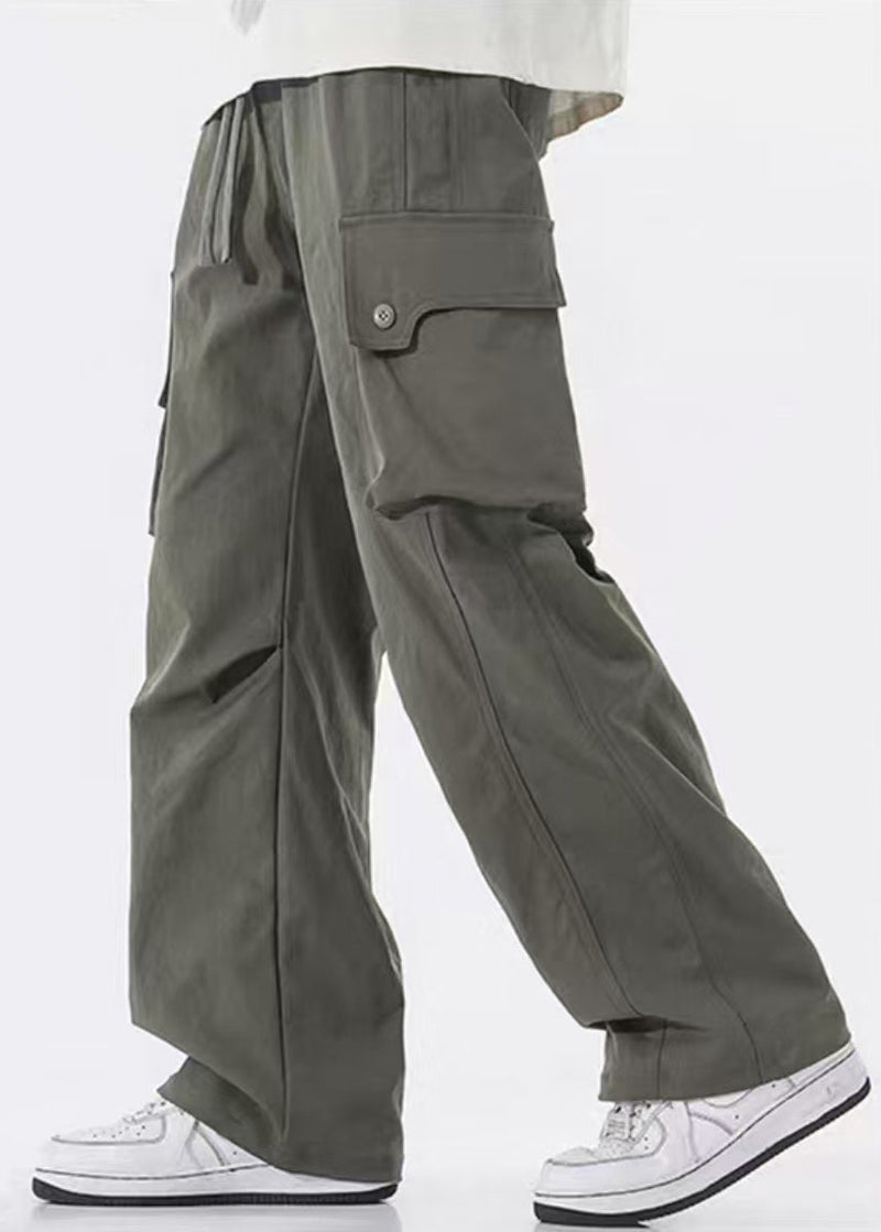 Green Pockets Cotton Pants Elastic Waist Spring