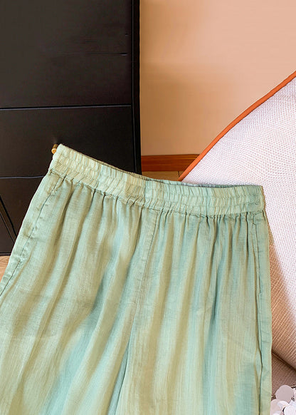 Green Pockets Elastic Waist Linen Summer Crop Pants Embroidered