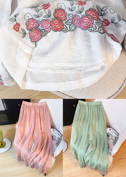 Green Pockets Elastic Waist Linen Summer Crop Pants Embroidered