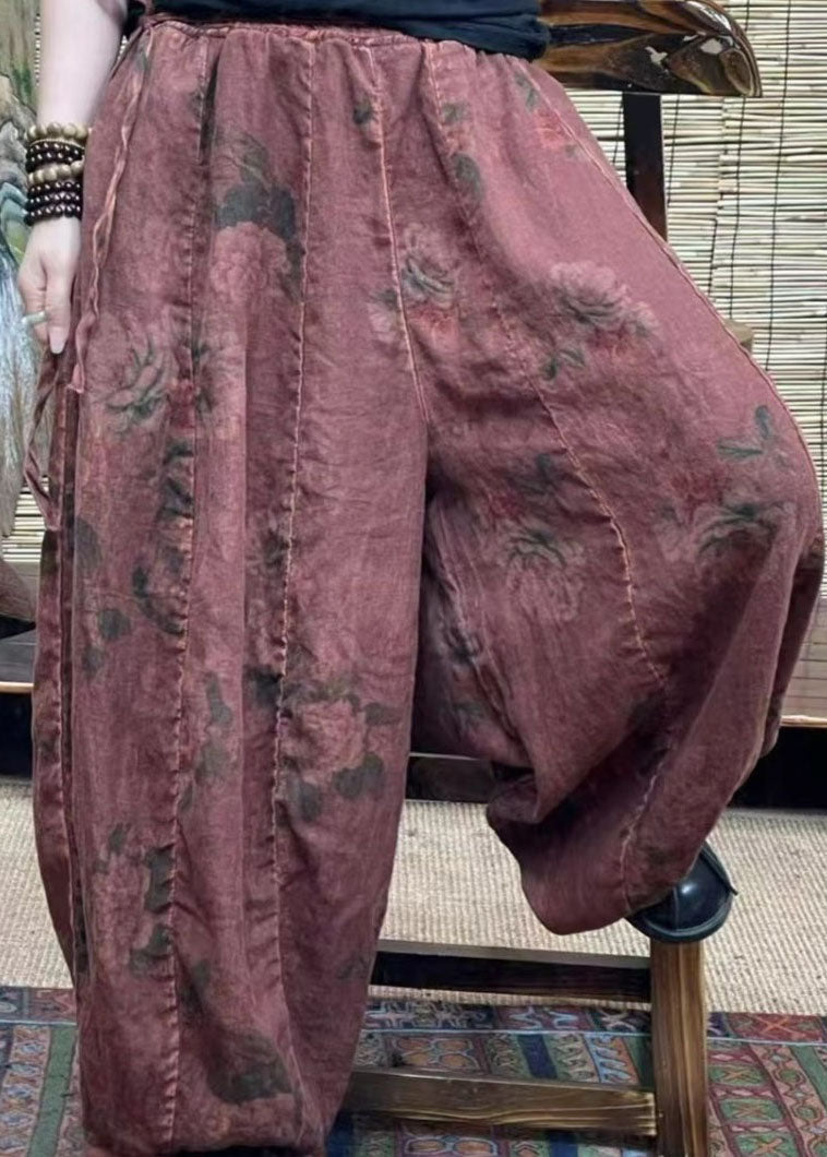 Green Pockets Patchwork Cotton Blend Lantern Pants Elastic Waist Summer