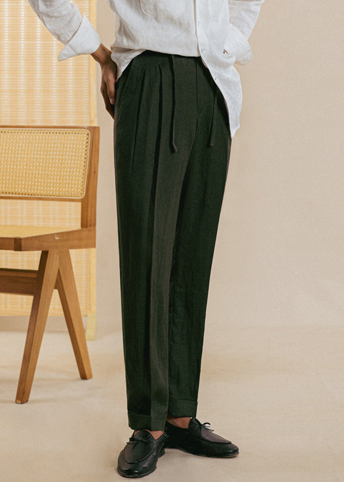 Green Pockets Linen Pants Clothing Drawstring