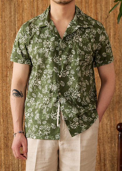 Green Print Button Cotton Shirt Peter Pan Collar Short Sleeve