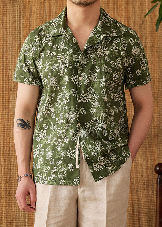 Green Print Button Cotton Shirt Peter Pan Collar Short Sleeve
