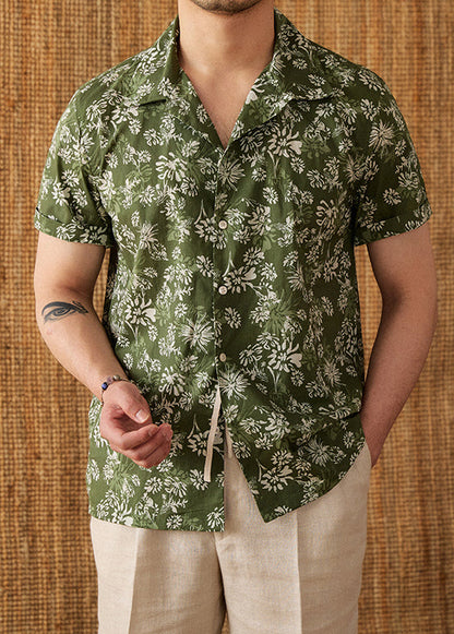 Green Print Button Cotton Shirt Peter Pan Collar Short Sleeve