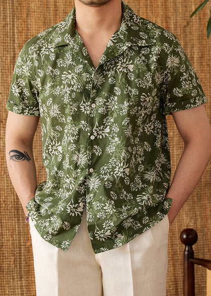 Green Print Button Cotton Shirt Peter Pan Collar Short Sleeve