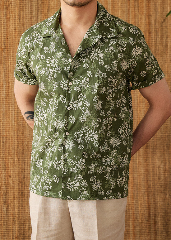 Green Print Button Cotton Shirt Peter Pan Collar Short Sleeve
