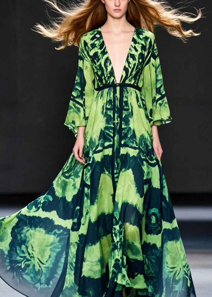 Green Print Chiffon Ankle Dress Deep-v Neck Exra Large Hem Spring
