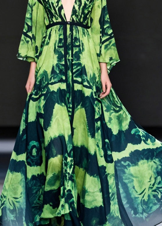 Green Print Chiffon Ankle Dress Deep-v Neck Exra Large Hem Spring