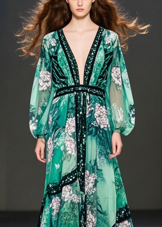 Green Print Chiffon Maxi Dresses Deep-v Neck Spring