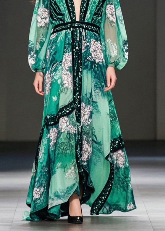 Green Print Chiffon Maxi Dresses Deep-v Neck Spring