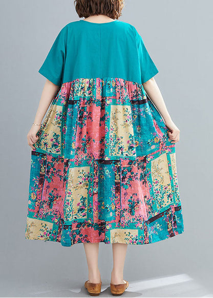 Green Print Cotton Maxi Dresses O-neck Oversized Summer