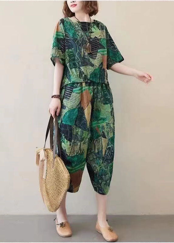 Green Print Cotton Tops and Crop Pants Two Piece Set O-neck Low High Design Summer