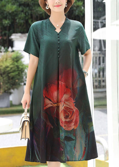 Green Print Cozy Silk Long Dress Summer