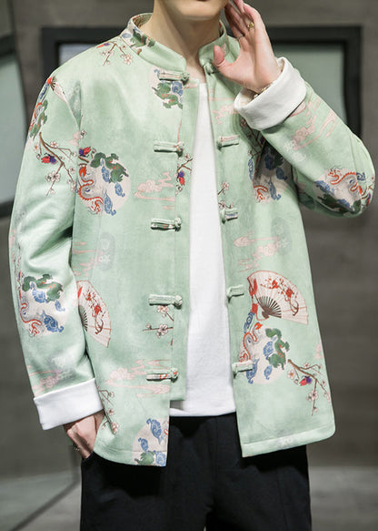 Green Print Faux Suede Coat Long Sleeve