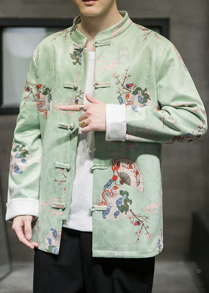 Green Print Faux Suede Coat Long Sleeve