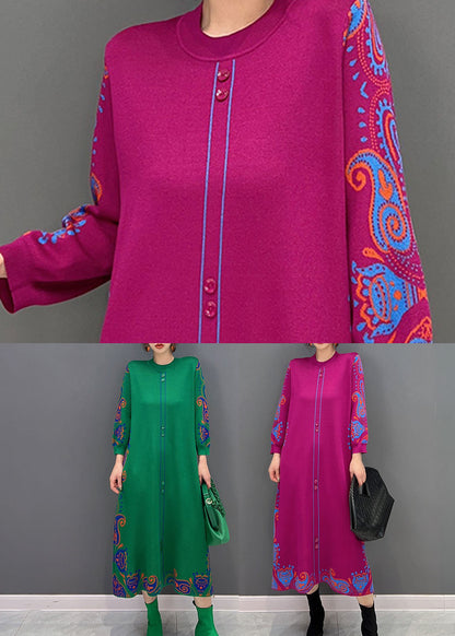 Green Print Knit Long Dresses O-neck Slim Fit Spring