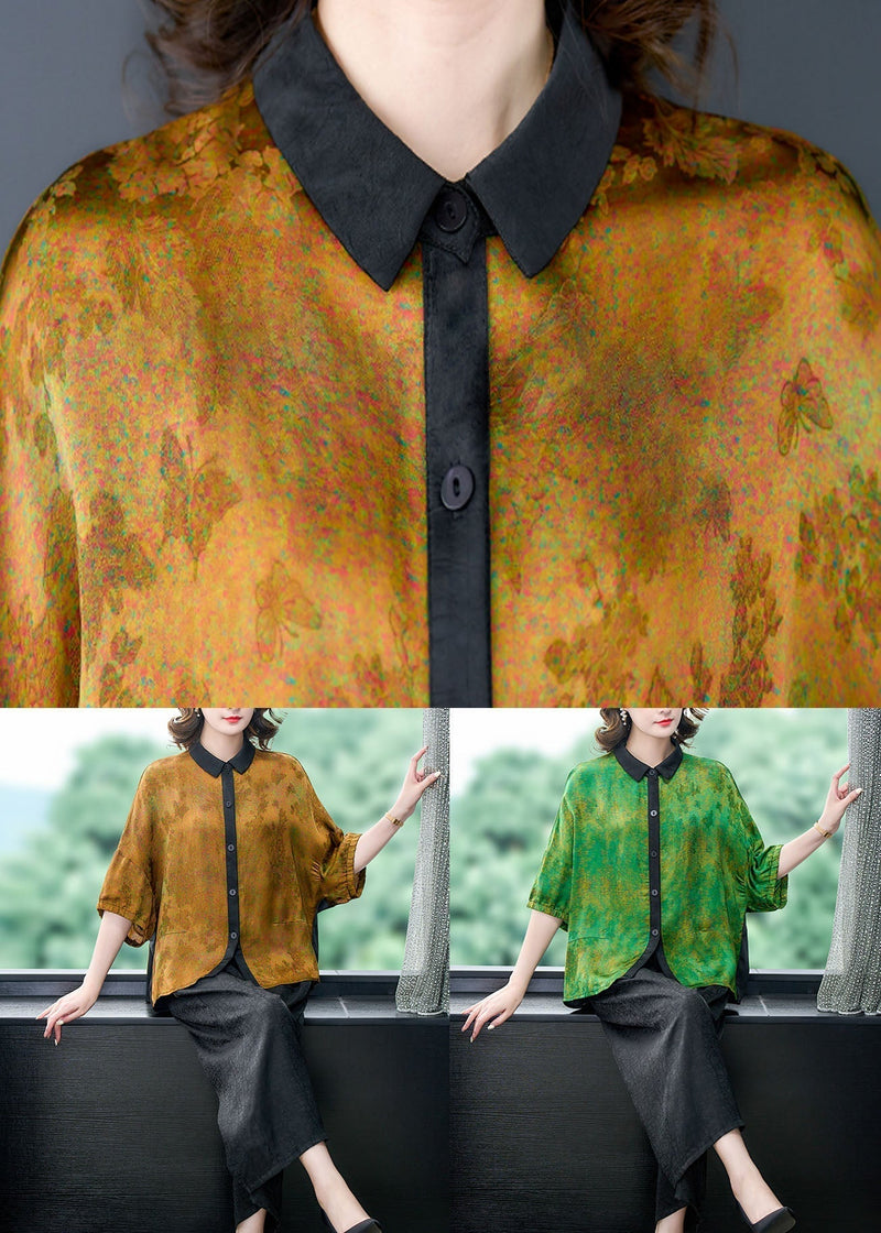 Green Print Patchwork Silk 2 Piece Outfit Shirts Tops and Pants Summer